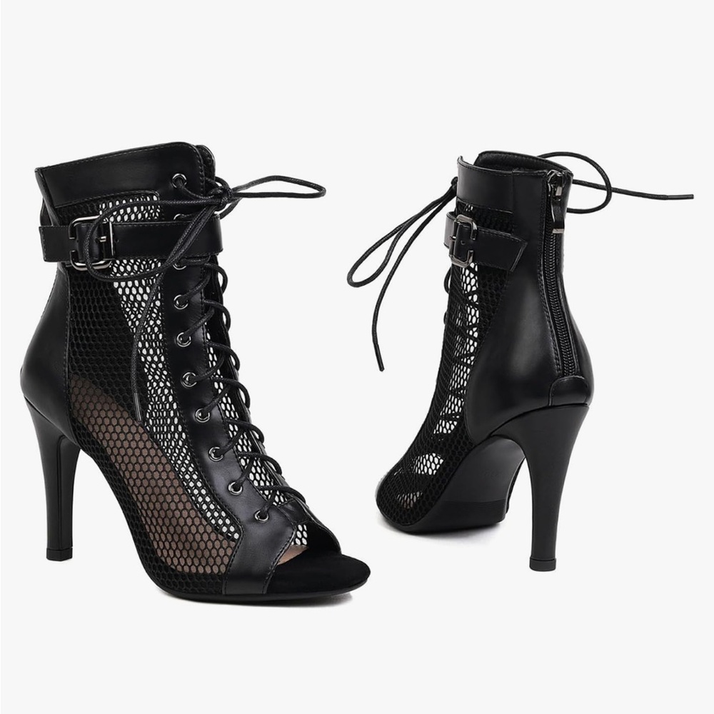 Sexy black mesh open toe lace up heels with ankle strap.